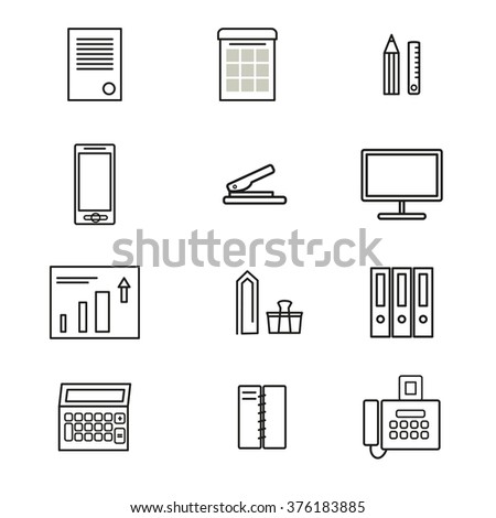 Business and office icon set. Thin black line icons. Office supplies. Minimal and clean style. Fax and smartphone, business chart and personal computer, etc. Vector illustration for modern design.