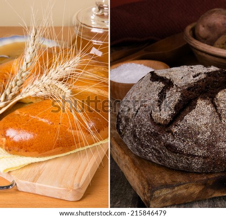 Diptych White loaf and honey, rye bread and potatoes