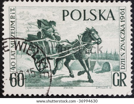 WARSAW, POLAND - 1961: Postal stamp Poland 1961. Postal vintage stamp depicting a two-wheeled calash, circa 1961.
