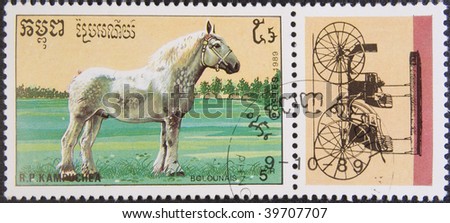 Kampuchea - Phnom Penh, circa 1989: Postal stamp Kampuchea circa 1989. Vintage stamp depicting an breed of horse bolounais