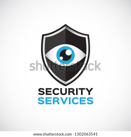 Security services vector logo. Shield with eye logo template. Security watching logo.