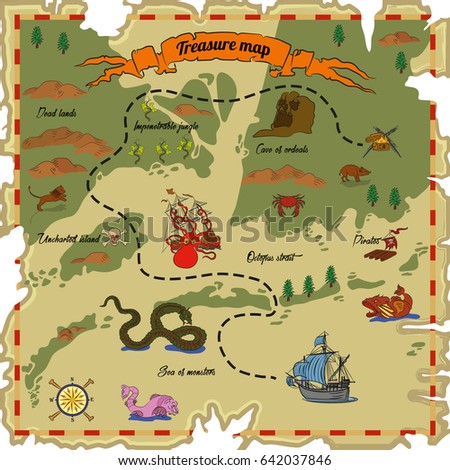 Treasure map with different obstacles. Vector illustration