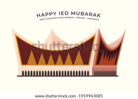 The grand mosque of west sumatera, indonesian mosque for muslim praying on the day of ied fitr,  vector flat design style Imagine de stoc © 