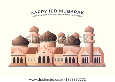 Vector illustration of Baiturrahman mosque Banda Aceh, indonesian mosque for muslim praying on the day of ied fitr,  flat design style Imagine de stoc © 