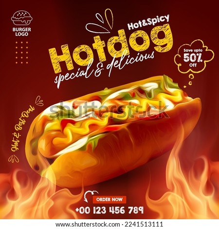 Delicious hot dog with BBQ grill fire, Social media templates for promotions on the Food menu