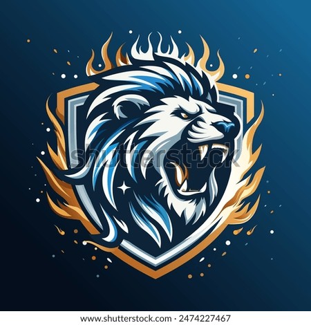 Angry roaring lion head with fiery shield. Lion logo features a stylized lion's head within a shield shape. Vector illustration