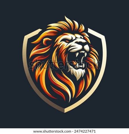 Lion mascot esport logo design. Lion logo features a stylized lion's head within a shield shape. Vector illustration