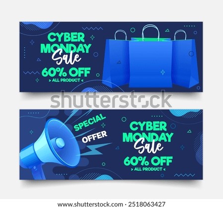 Vector Cyber Monday Big Sale promotion horizontal banner set with promotion text and 3d style illustration.