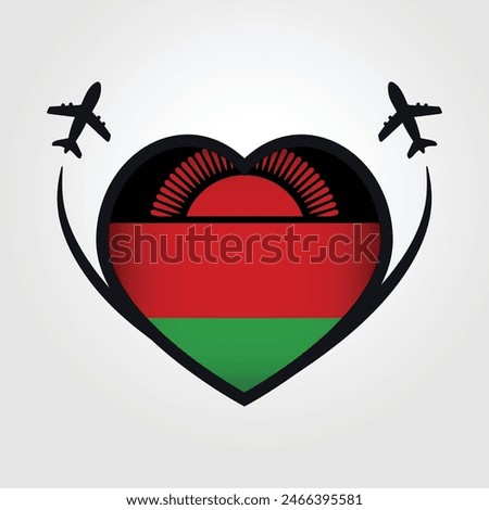 Malawi Travel Heart Flag With Airplane Icons