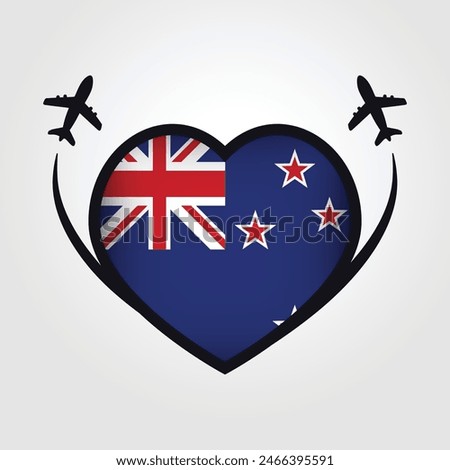 New Zealand Travel Heart Flag With Airplane Icons