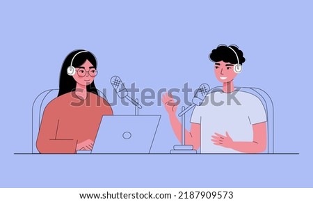 Live streaming, webcast, podcast vector flat Illustration. Two people in headphones talking in studio. Man and woman recording podcast. Cartoon character.