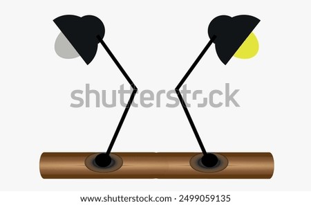 Two table lamps, one on and one off on a wooden table. Vector image