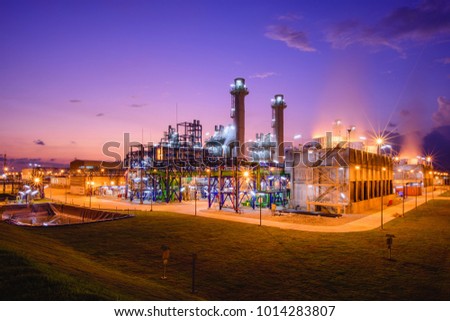 Similar – Image, Stock Photo Gas turbine electrical power plant. Energy for support factory. Natural gas tank. Chimney tower of gas power plant. Power plant using natural gas for fuel. Green energy. Power station against gray sky