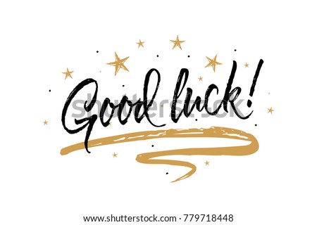 Good luck card. Beautiful greeting banner poster calligraphy inscription black text word gold ribbon. Hand drawn design elements. Handwritten modern brush lettering white background isolated vector Сток-фото © 