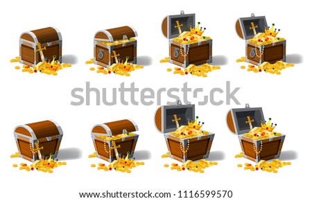 Set old pirate chests full of treasures, gold coins, vector, cartoon style, illustration, isolated. For games, advertising applications