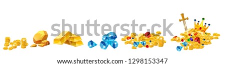 Set Treasure, gold, coins, rock gold nugget, bars, jewels, crown, vector, isolated, cartoon style, for games, apps, white background