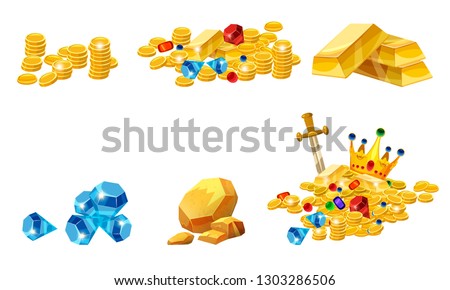 Set Treasure, gold, coins, rock gold nugget, bars, jewels, crown, vector, isolated, cartoon style, for games, apps, white background