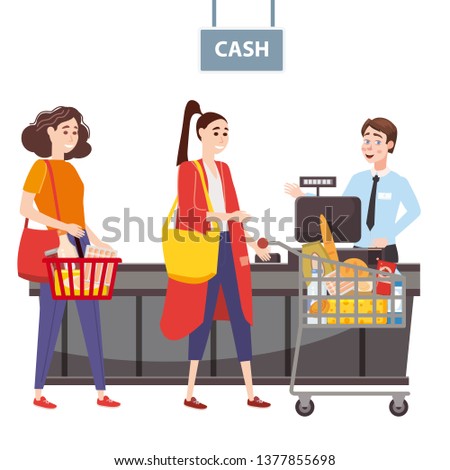 Cashier behind the cashier counter in the supermarket, shop, store serves the buyer, a womans with a basket full of groceries. Vector, illustration, cartoon style, isolated