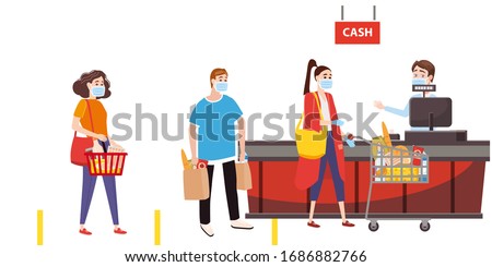 Supermarket store counter cashier and buyers in medical masks, with cart and basket of food. Quarantine coronavirus 2019-nCoV in the store social distancing epidemic precautions. Cartoon style vector