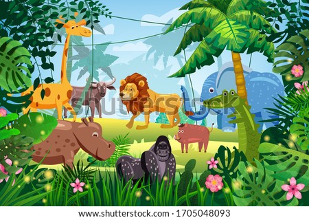 Cute Set Animals in Jungle tropical rainforest background landscape. Lion, giraffe, gorilla, hippo, elefant, buffolo, crocodile, warthog pig. Palm trees exotic flora flowers. Vector isolated cartoon