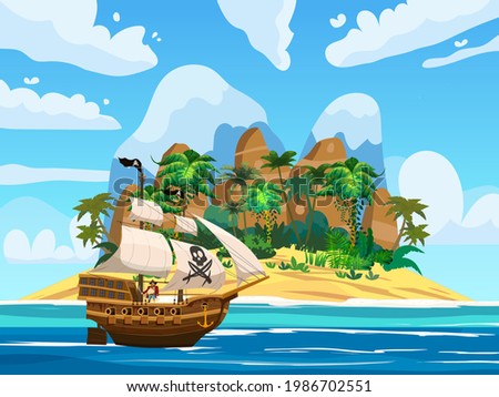 Pirate ship under sail in ocean, Island Treasure tropical, palms, mountains. Sea landscape, adventure, game. Vector illustration