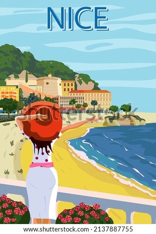 Nice French Riviera coast poster vintage. Woman on vacation, resort, coast, sea, beach. Retro style illustration vector ストックフォト © 