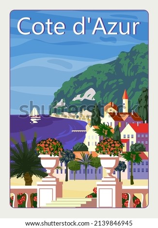Cote de l'azur French Riviera coast poster vintage. Resort, coast, sea, beach. Retro style illustration vector