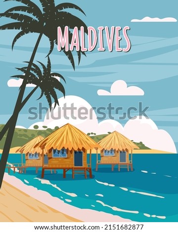Maldives tropical resort poster vintage. Beach coast traditional huts, palms, ocean. Retro style illustration vector