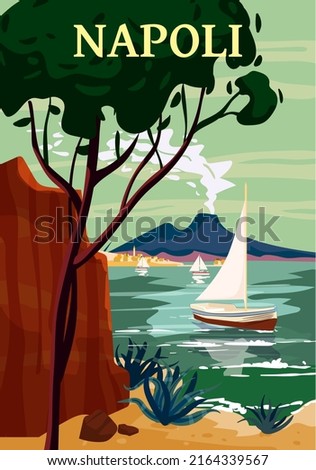 Naples Retro Poster Italia. Mediterranean sea sailboat, smoke volcano Vesuvius, coast, rock. Vector illustration postcard