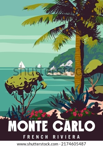 French Riviera Monte Carlo Retro Poster. Tropical coast scenic view, palm, Mediterranean marine