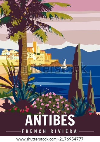 Antibes French Riviera Retro Poster. Tropical coast scenic view, palm, Mediterranean marine, sea town.