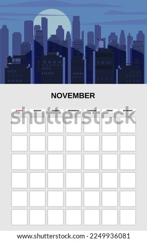 November Calendar Planner month. Minimalistic landscape natural backgrounds Autumn. Monthly template for diary business. Vector isolated