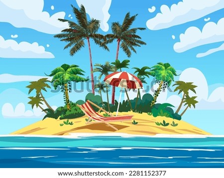 Tropical resort island, lounge chair under umbrella ocean surf, beach.