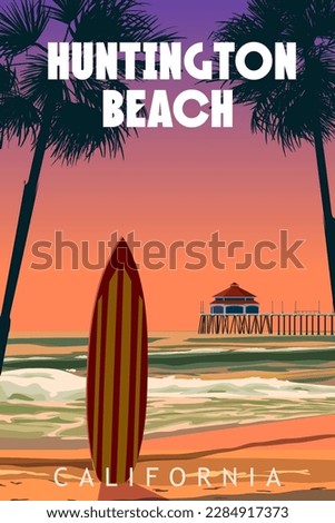 Huntington Beach California retro travel poster vector