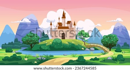 Fantasy fairytale castle landscape, green hills, trees, spring, road, mountains, panorama. Vector cartoon background illustration