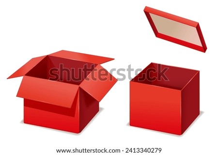 Red boxes opened, paper, cardboard. Vector template isolated mockup for design products, package, branding.