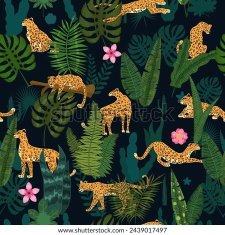 Leopard seamless pattern with tropical leaves