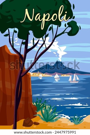 Naples Retro Poster Italia. Mediterranean sea, smoke volcano Vesuvius, coast, rock. Vector illustration postcard