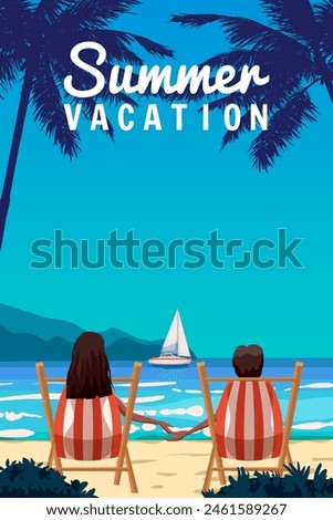 Summer Vacation couple sitting on the deck chairs at the beach