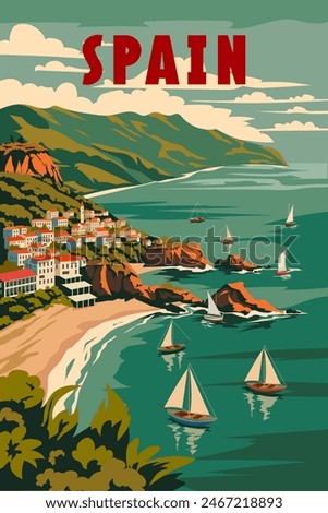 Spain travel poster, tropical resort bay view