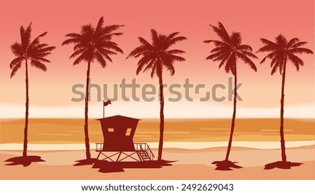 Beach landscape with Lifeguard Tower, Station. Palms, sea, ocean, coast view