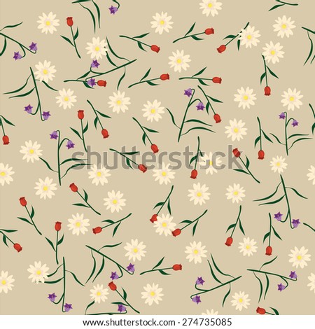 Seamless pattern with flowers tulips, daisies, bluebells vintage