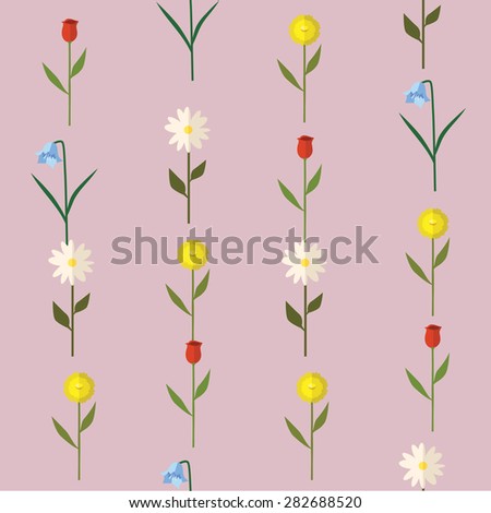 Seamless pattern, flowers, tulips, daisies, bell, dandelion, vector illustration