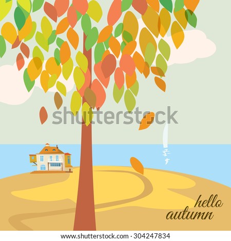 Beautiful autumn landscape hello autumn, tree with autumn leaves, a house, sea, background, vector, banner, illustration