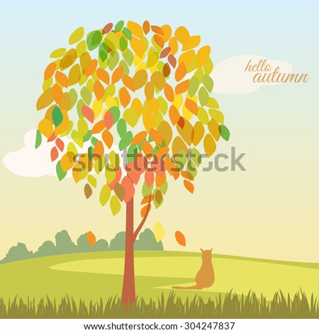 Beautiful autumn landscape hello autumn, tree with autumn leaves, cat, background, vector, banner, illustration