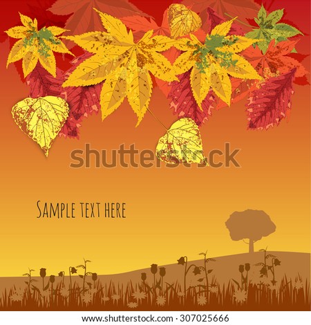 Autumn Landscape, autumn leaves, orange burgundy background, vector, banner, illustration