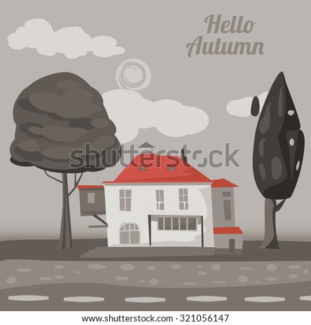 Autumn landscape, monochrome color, noir, autumn, house, landscape, vintage, vector, banner, illustration