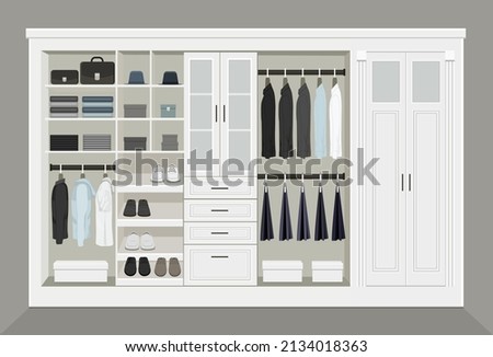 Elegant bedroom wardrobe closet storage with interior organizers shoe racks and hanging rails for clothes realistic vector illustration.