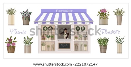 Small business shop.  Local shop vector illustration. A flower shop with a florist man. Vintage flower boutique with showcase. Set of flower pots with flowers