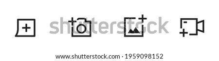 Add photo and video icon. Vector illustration. Addition on gallery symbol collection. White background.